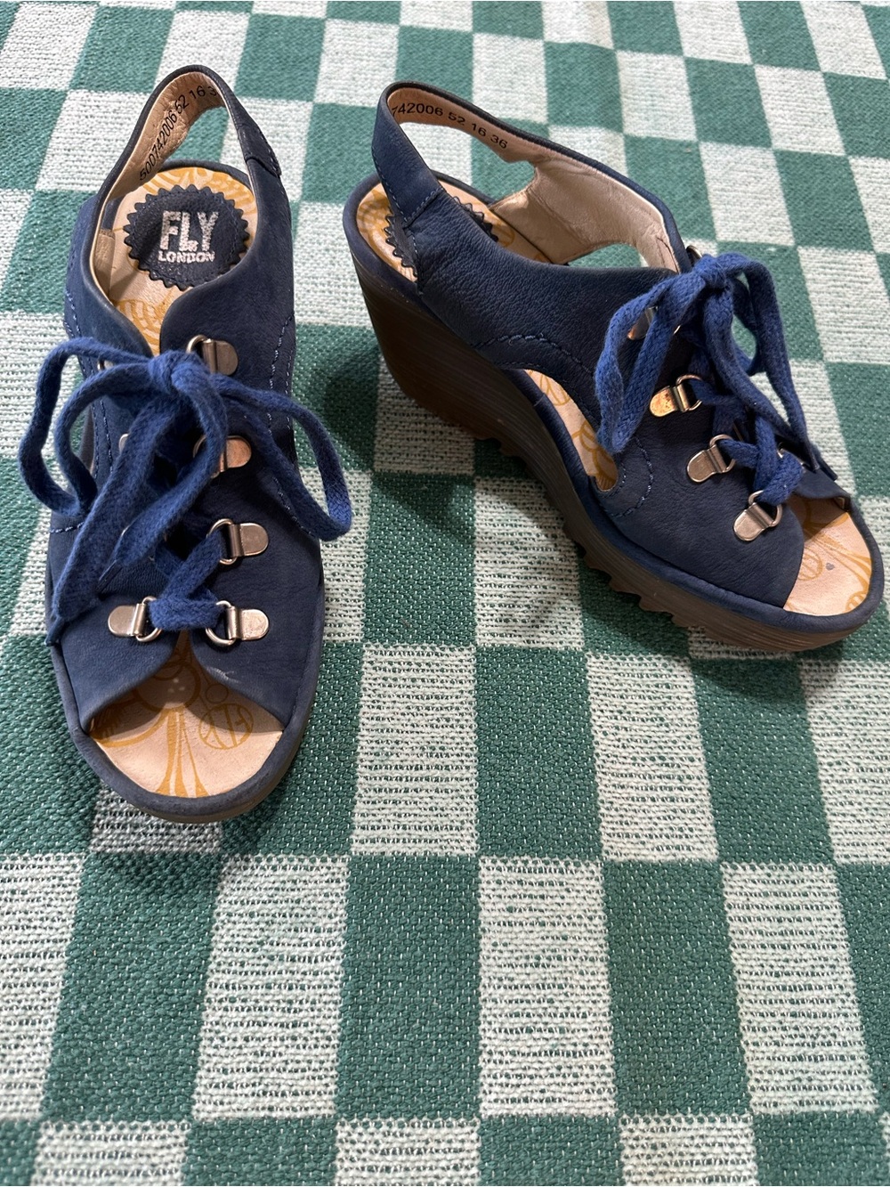 FLY LONDON Ylva Women's Size 36 EUR Blue Suede Lace-Up Peeptoe Wedge Sandals